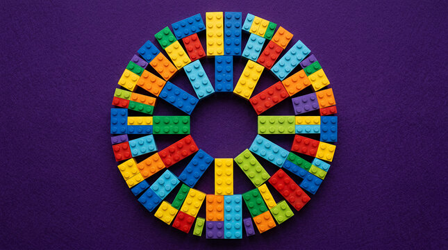 Colorful LEGO circular pattern on a vibrant purple background with copy space