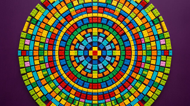 Colorful LEGO circular pattern on a vibrant purple background with copy space