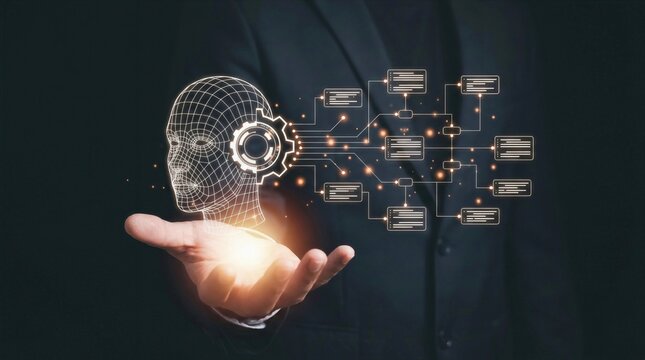 Artificial Intelligence Concept: Human Head Wireframe with Gear and Digital Flow Chart over Businessman Hand