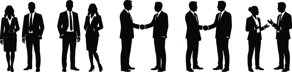 Fototapeta premium Business Partnership Silhouette Collection Featuring Corporate Professionals Shaking Hands and Teamwork Interaction for Office Communication Design