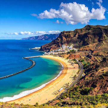 A scenic coastal landscape with a sandy beach
