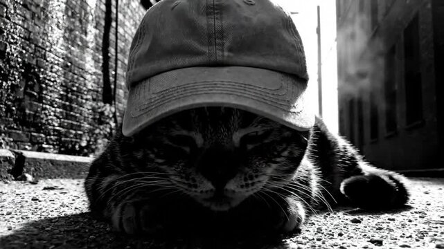 Black and white close up of cool cat in a baseball cap lying in an alley looking at the camera