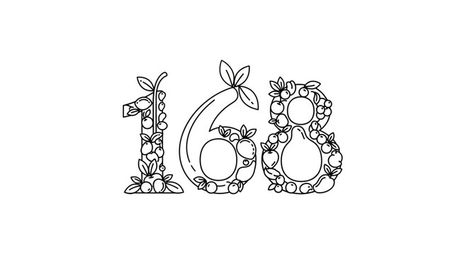 Number 168 decorated with fruits and leaves, artistic illustration, white background