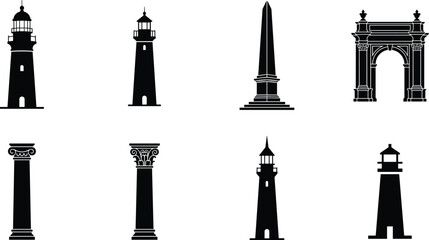 Fototapeta premium Landmark silhouette collection featuring lighthouse, monument, column, and arch structures for architecture design, travel, heritage, and historical themes
