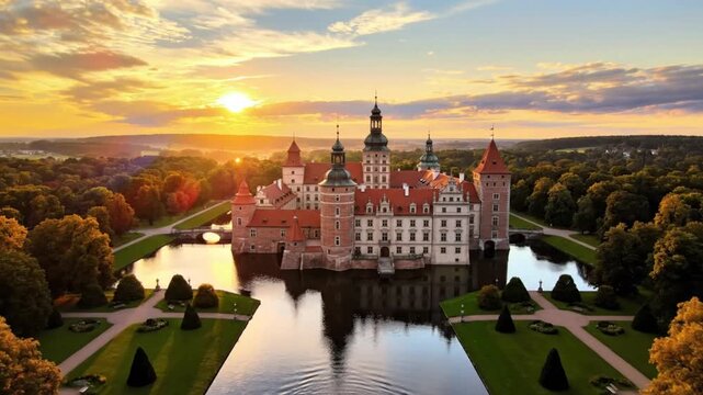 Breathtaking aerial view of a picturesque castle surrounded by a moat and lush greenery during a vibrant sunset