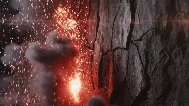 Epic explosion erupts from a cracked rock surface with fiery sparks and billowing smoke dramatic cinematic