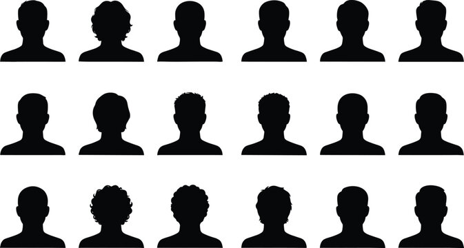 Set of human head silhouette avatars, diverse male and female profile icons, minimal black faces collection isolated on white background