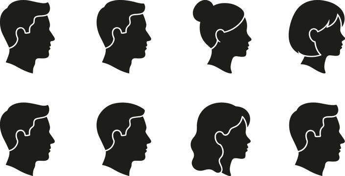 Set of human head profile silhouettes with ear detail, male and female side view icons, minimal black figures isolated on white background