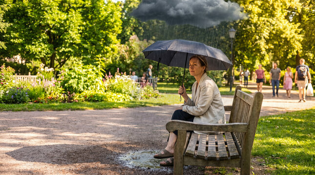 Sad lonely middle aged woman sitting on wooden park bench holding black umbrella under dark raining cloud while surrounding nature remains sunny