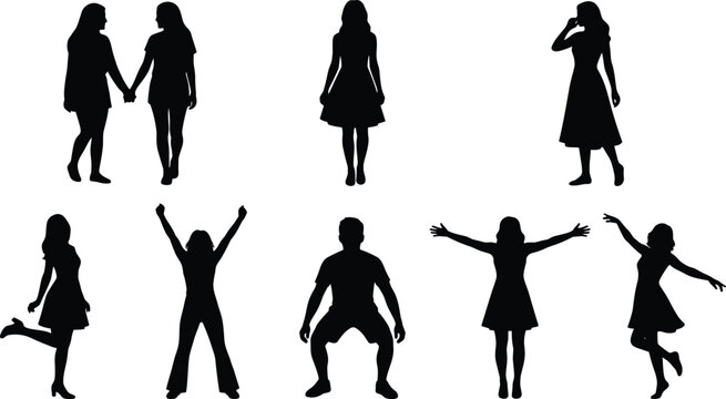 Set of People Silhouettes Featuring Women in Dresses and Men in Active Poses Celebrating Walking and Standing for Lifestyle Design
