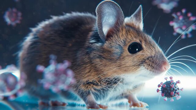 Small brown mouse walks amidst glowing virus particles illustrating pathogen threat.