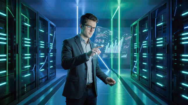 Smart male data analyst wearing glasses examines floating holographic financial charts inside modern computer server room illuminated by bright green neon lighting