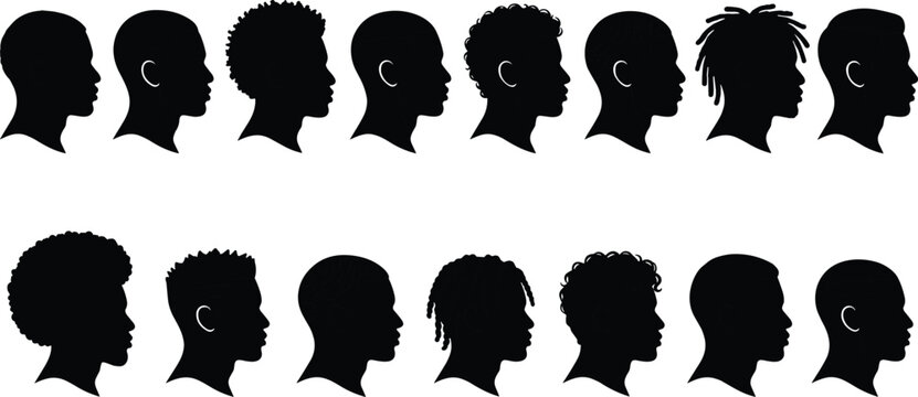 Silhouette of diverse African American men heads in profile with various hairstyles including afro dreadlocks curls and fades for creative design projects