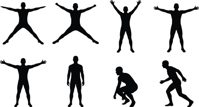 Silhouette of Man in Various Dynamic Poses Including Jumping Jack Exercise Stretching Standing Tall and Crouched Positions for Fitness Graphics