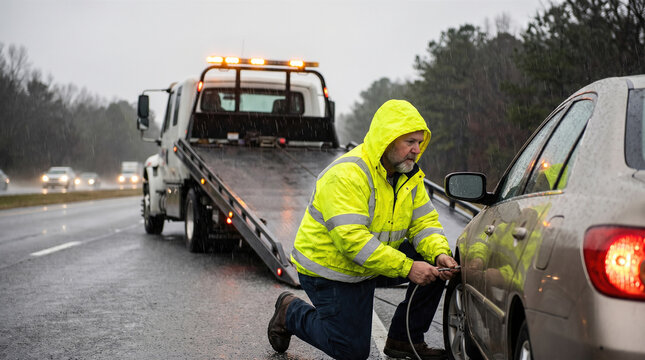 roadside assistance professional towing service worker changing broken wheel damaged auto wet rainy highway extreme weather emergency vehicle transportation trouble rescue danger safety problem
