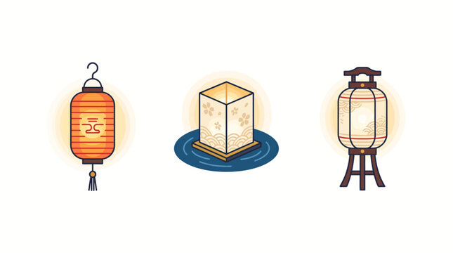 A minimalist flat design icon set featuring three traditional Japanese Obon lanterns &ndash; Chochin, Toro Nagashi, and Bonbori &ndash; each rendered with simple shapes and a limited color palette.