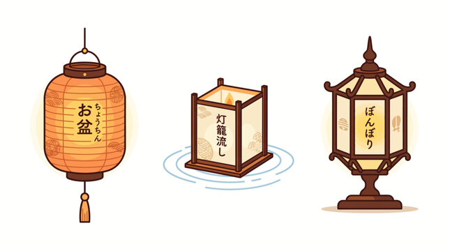 A minimalist flat design icon set featuring three traditional Japanese Obon lanterns &ndash; Chochin, Toro Nagashi, and Bonbori &ndash; each rendered with simple shapes and a limited color palette.