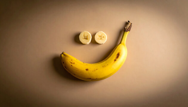 Banana peel forming smile shape playful healthy food concept with cheerful creative mood