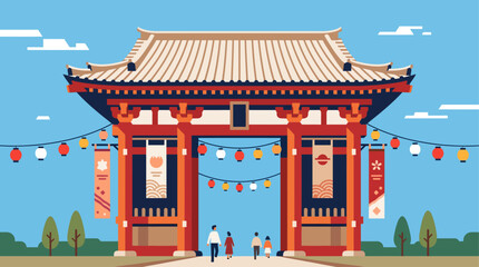 Fototapeta premium A striking flat design illustration of a traditional Japanese temple or shrine gate, decorated for the Obon Festival with lanterns and banners. 