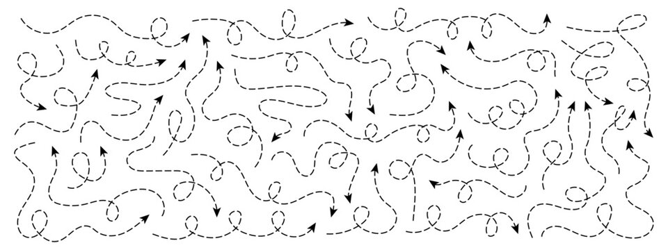 Set of squiggle line dashed arrows. Dash curved vector editable stroke arrows