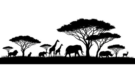 A panoramic black silhouette illustration featuring various African savanna animals, including an elephant, giraffe, lion, and rhinoceros, standing under acacia trees. © Bayu