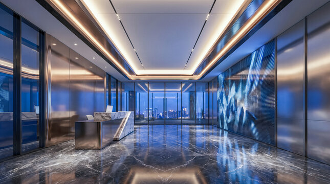 Modern luxury corporate business office reception area waiting lobby featuring glowing bright blue digital led screen empty desk cityscape window