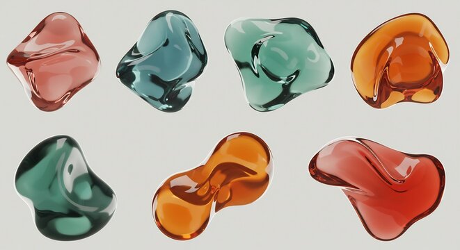 半透明でカラフルな流れるような抽象的な3D形状が柔らかな光を反射し艶やかに輝く 有機的な曲線を描く滑らかな立体が宙に浮かび幻想的な美しさを創り出す