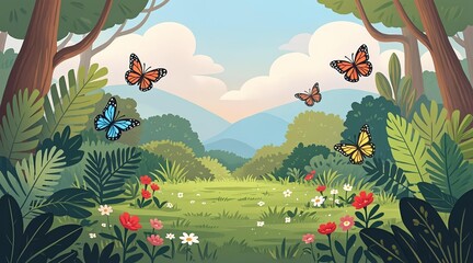 Obraz premium Vibrant Forest Clearing Illustration with Colorful Butterflies Amidst Lush Greenery and Blooming Flowers