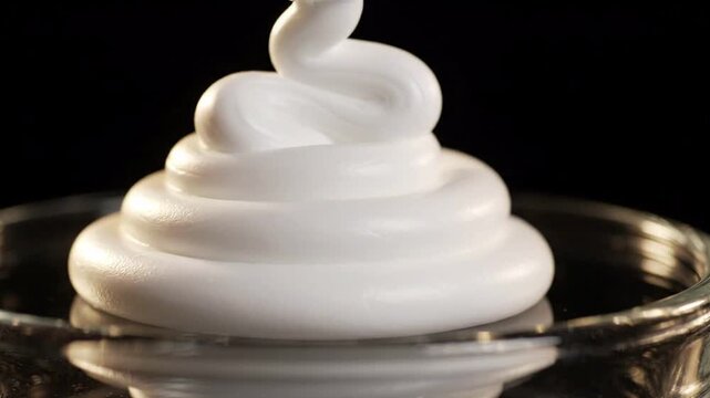 Thick white paste or cream being dispensed in swirls, forming a smooth spiral shape on a dark background, cosmetic texture or food element