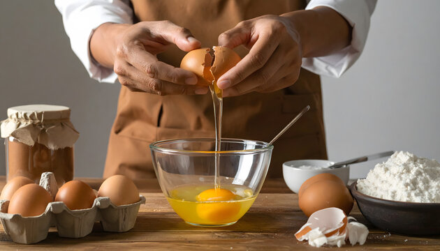 Cracking egg into bowl cooking scene fresh ingredient preparation home kitchen concept image