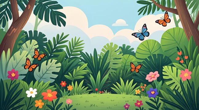 Vibrant Cartoon Jungle Landscape with Colorful Butterflies, Lush Greenery, and Exotic Flowers