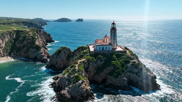 Aerial view of a picturesque lighthouse perched on a rocky island surrounded by the vast ocean on a sunny day
