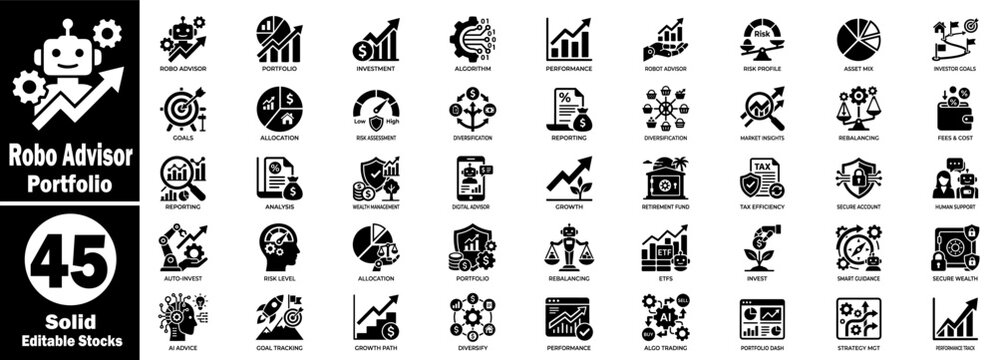 Robo-advisor portfolio solid icons set with a white background.