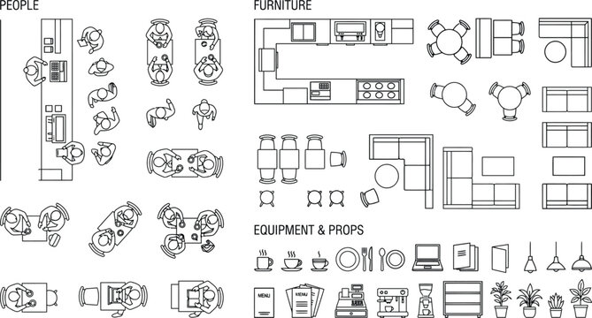 Mega architectural CAD floor plan vector library, top view interior layout symbols with furniture, office desks, kitchen and bathroom blocks, room modules and people figures for space planning