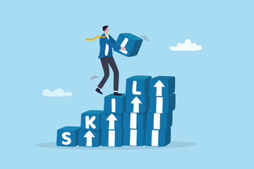 Obraz premium Upskill develop or learning new skills to success in work, career development, performance improvement, study knowledge or try new jobs, businessman develop or build upskill rising box stack.