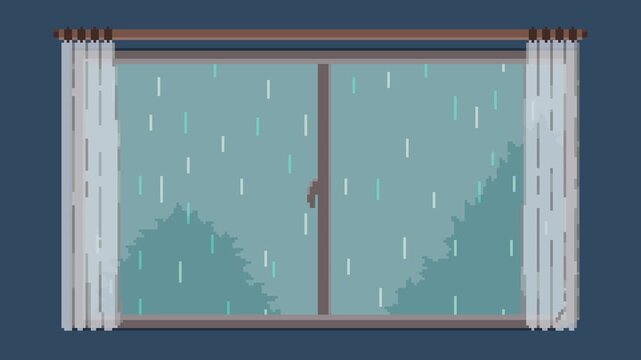 ドット絵の雨が降る窓,ループ背景,青