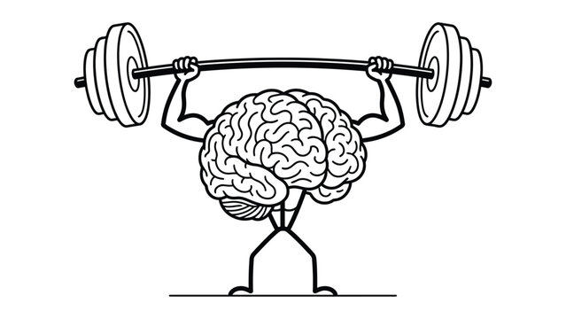 continuous line art  Brain lifting weights, symbolizing mental strength and cognitive power.
