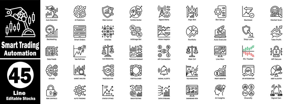 Smart trading automation thin line icon set for fintech mobile application dev vector illustration.