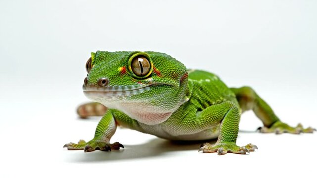 Eye-level view of a vibrant green gecko lizard with large eyes and intricate skin texture crawling on white surface