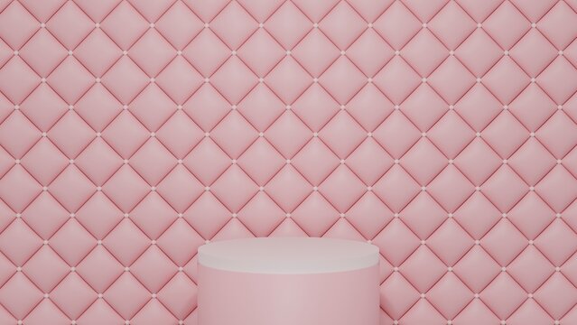 ピンクのぷっくりしたキルティング生地の背景。リアルな質感の3Dテクスチャイラスト。コスメや女性向け商品のプロモーションに適したアートワーク。円形のステージ
