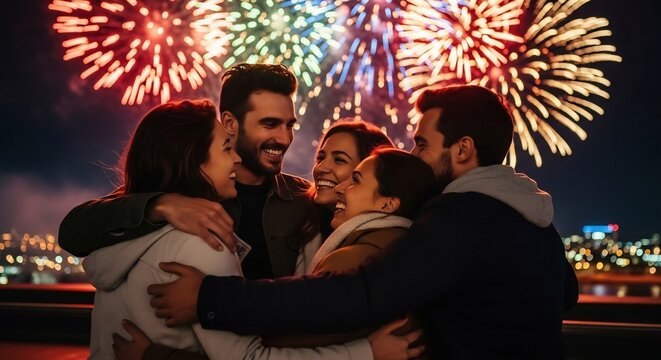 夜空を鮮やかに彩るきらめく大輪の花火が煌々と輝く中喜びの笑顔で互いを抱き合う友人たち温かい絆と感動があふれる忘れられない祝祭の夜を心ゆくまで楽しむ