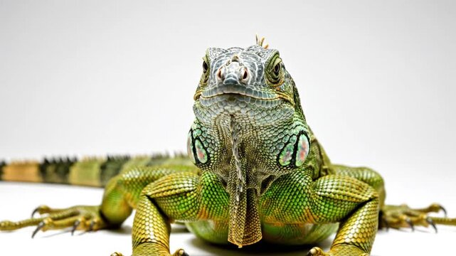 Close-up view of a vibrant green iguana with spiky crest and patterned skin on white background