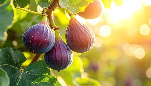 Ripe, dark purple figs hang heavy on a sun-drenched tree branch, bathed in golden light