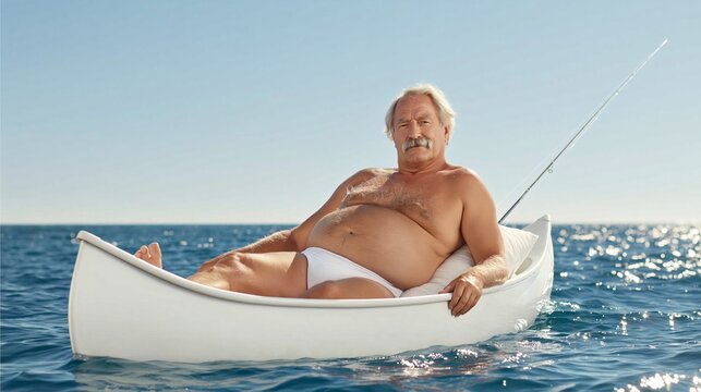Sunlit ocean sparkles under clear blue sky. Chubby man lounges in a small white canoe. He wears white swim trunks and holds a fishing rod. His expression is relaxed and content