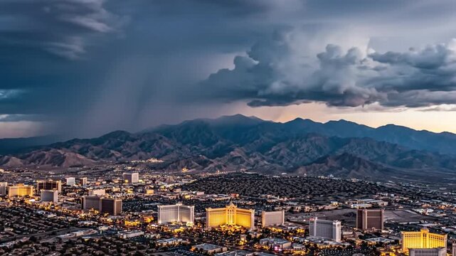 Epic aerial view of Las Vegas strip at dusk with dramatic storm clouds and mountain backdrop