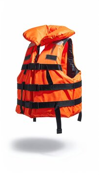 Bright orange flotation device with black straps and reflective accents, isolated