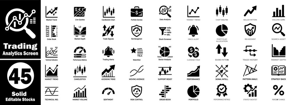Trading analytics screen solid icons set for market trend monitoring.