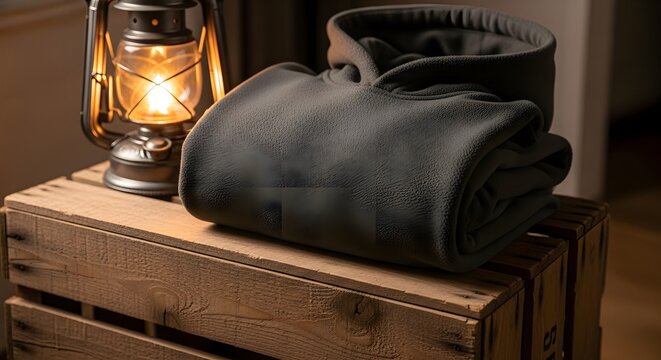 A folded olive green hoodie is placed on a wooden crate next to an oldfashioned oil lantern