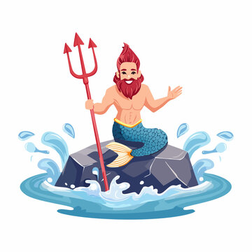 Cartoon Merman with Trident Sitting on a Rock in Water