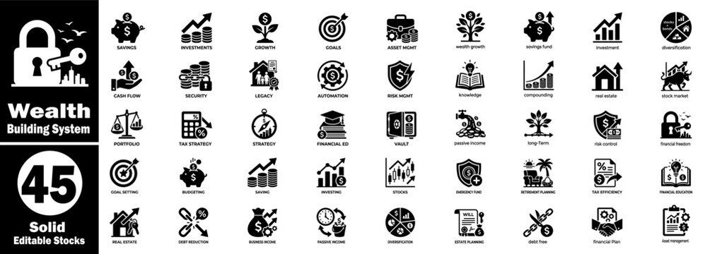 Wealth-building system solid icon. Collection with 45 editable vector illustrations.